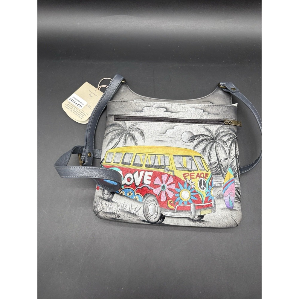 Anna Anuschka Leather Bag Hand Painted Happy Camper Peace Van Purse NWT - Picture 13 of 14